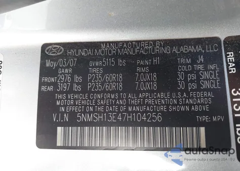 2007 Hyundai Santa Fe Limited/Se из США, поврежденный, VIN 5NMSH13E47H104256